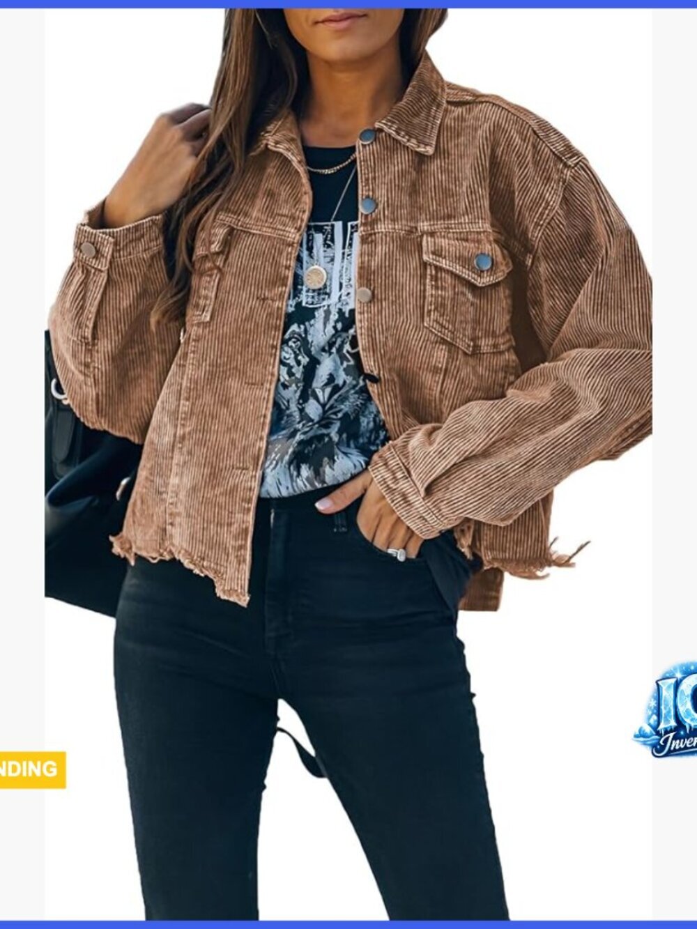 Cropped Corduroy Jacket Casual Button Down Shacket Fringe Frayed Hem
